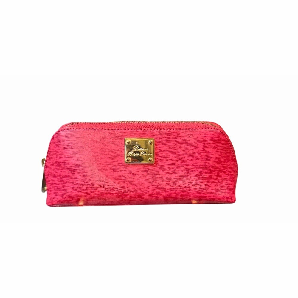 Lauren Ralph Lauren Makeup Bag Pink Textured Leather Zip Pouch Gold Logo Plaque